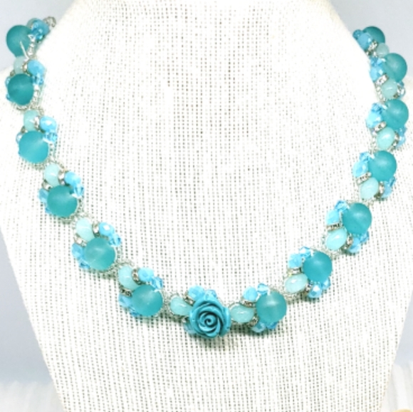 Turquoise Ice & Roses 3pc Jewelry Set,  Sterling Silver w/Glass & Crystal Beads - Picture 4 of 15